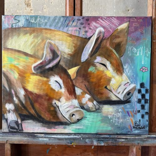 Two sweet pigs sleeping oil painting by Zoé Keleti