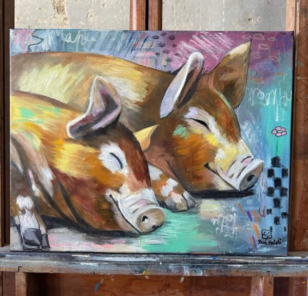 Two sweet pigs sleeping oil painting by Zoé Keleti