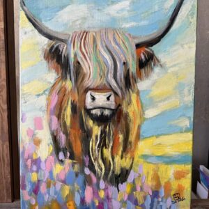 Highland cow in flower field oil painting by Zoé Keleti