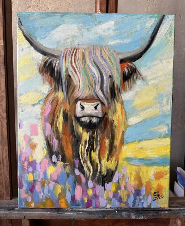Highland cow in flower field oil painting by Zoé Keleti