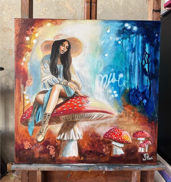 Magical amanhita mushroom painting with boho woman by Zoé Keleti