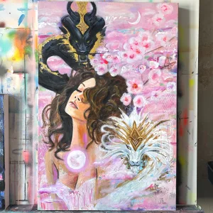 Woman with two dragons, one is black and one is white with cherry flowers and pink clouds