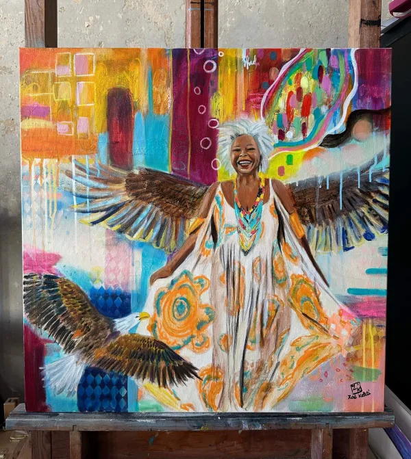 Older woman with eagle wings original oil painting by Zoé keleti