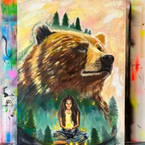 Magical bear painting with a young woman meditating oil by Zoé Keleti
