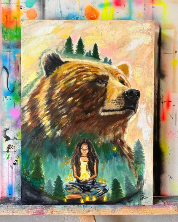 Magical bear painting with a young woman meditating oil by Zoé Keleti