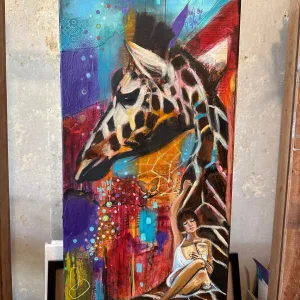 Giraffe and boho woman original oil painting by Zoé keleti