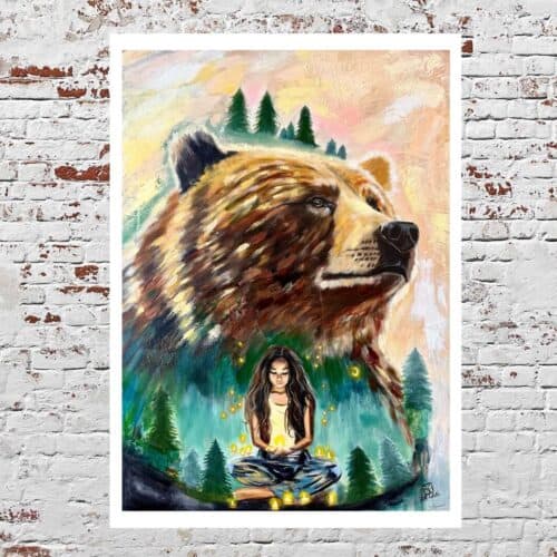 Bear forest and meditating girl fine Art print on bamboo paper by Zoé keleti