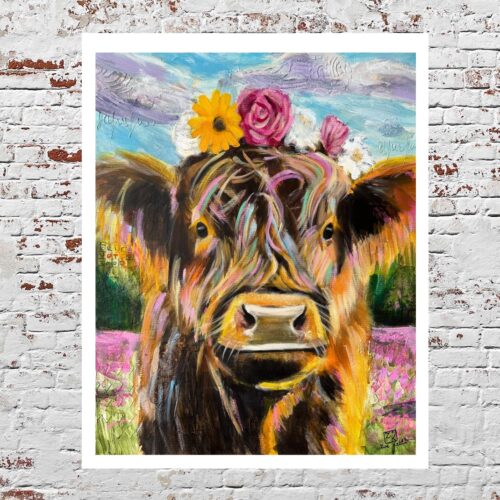 Highland rainbow hippie cow fine Art print on bamboo paper